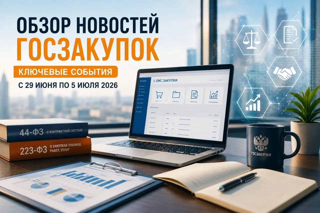Иллюстрация 1: Обзор новостей госзакупок: ключевые события с 29 июня по 5 июля 2026 Обзор новостей госзакупок с 29 июня по 5 июля 2026 года. Рабочее место специалиста по закупкам: ноутбук с открытой системой ЕИС Закупки, книги 44-ФЗ и 223-ФЗ о контрактной системе, кружка с надписью Госзакупки, документы с графиками и диаграммами. На фоне панорамные окна офиса с видом на город. Иконки символизируют правовое регулирование, документы, партнерство и рост показателей.